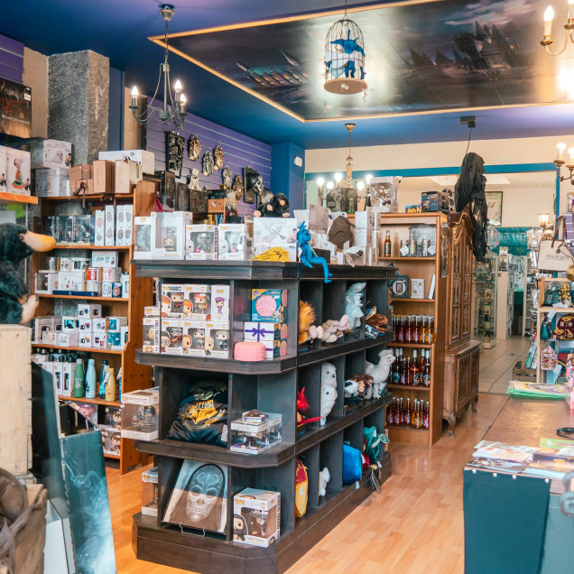 Intérieur du magasin “Le Reliquaire” à Liège, rempli de divers articles, y compris des figurines, des livres et d’autres objets de collection sur des étagères en bois et des tables d’exposition.