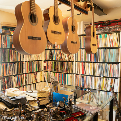 Des guitares acoustiques accrochées à un support mural, et en dessous, une grande collection de disques vinyles rangés sur des étagères chez “Visé musique” à Visé