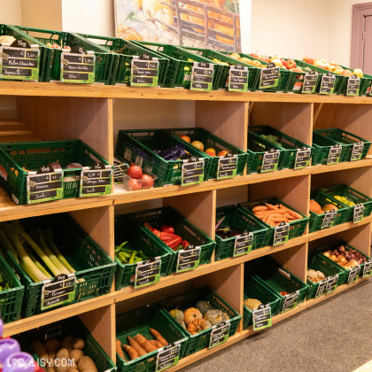 Étagères en bois avec des paniers en plastique vert remplis de légumes frais, chacun étiqueté avec le nom et le prix à “L’Épicerie d’Augustin” à Liège