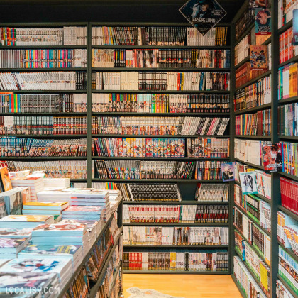 Des étagères remplies de bandes dessinées et de romans graphiques colorés. L’espace est bien organisé, mettant en valeur une large collection de livres pour les amateurs du genre à la librairie “BDscope” à Liège.