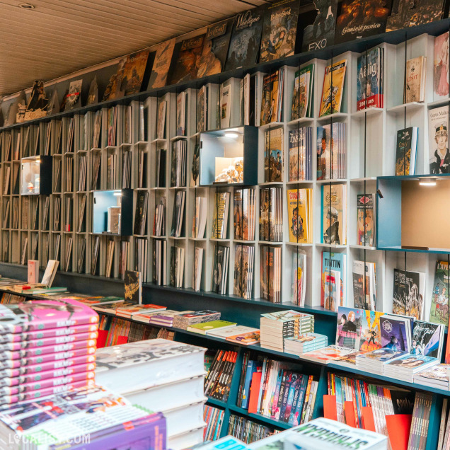 Les livres sont bien organisés, avec des couvertures colorées et des titres en français comme “Tintin”, suggérant une spécialisation dans les bandes dessinées franco-belges à la librairie “BDscope” à Liège.