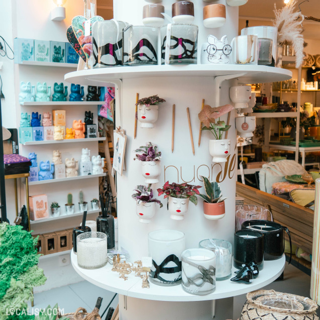 Présentoir de décoration et de plantes au magasin Vikiroz à Esneux.