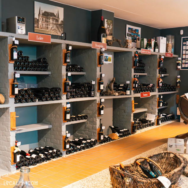 Plusieurs étagères en bois contre un mur en briques grises, soigneusement remplies de nombreuses bouteilles de vin au magasin “Maag Vins” à Visé. Chaque étagère est étiquetée avec différentes régions viticoles telles que “Loire” et “Roussillon.”