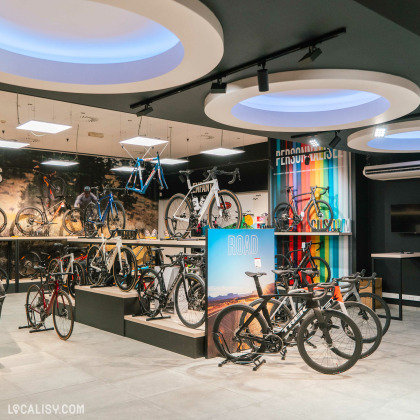 L’intérieur du magasin “53Onze Ans” à Ans avec une variété de vélos exposés. On peut voir au moins neuf vélos, certains montés sur des supports et d’autres suspendus au plafond. Le sol est de couleur claire, contrastant avec les tons plus sombres des vélos.