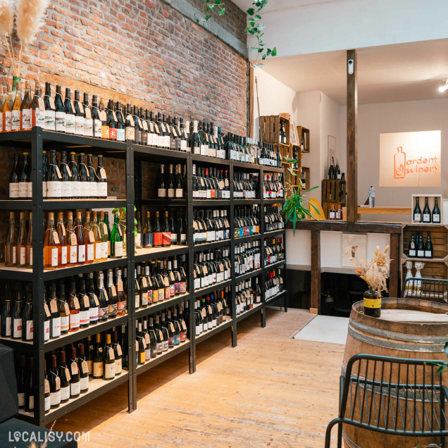 Des étagères en bois remplies de bouteilles de vin, un mur en briques apparentes et des plantes suspendues au magasin “Les Vintrépides” à Liège. Un comptoir avec une enseigne “L’ardent vin liégeois” est visible à l’arrière, suggérant un accent sur les vins locaux.