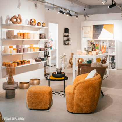 L’intérieur du magasin “Home Design” à Neupré avec divers articles de décoration tels que des vases, des bols, des œuvres murales et des meubles, y compris des chaises et des tables.