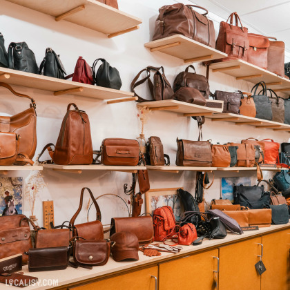 L’intérieur de la "Maroquinerie Marie" à Liège, avec une variété de sacs exposés sur des étagères murales. La collection comprend des sacs de différentes tailles, couleurs et designs, suggérant une spécialisation dans les articles en cuir.