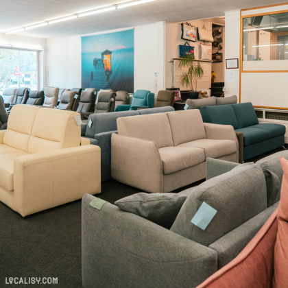 L’intérieur du magasin "Rio Meubles" à Liège, avec une variété de canapés et de fauteuils de différents styles et couleurs, disposés dans un showroom. Un grand poster promotionnel est visible sur le mur, et des plantes ajoutent à la décoration.