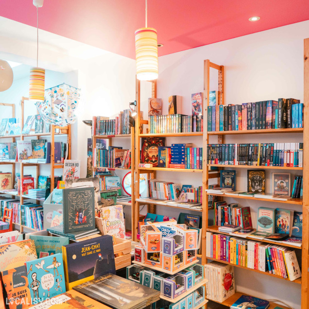 Intérieur de la Librairie Long-Courrier à Tilff, avec des étagères bien fournies en livres, jeux, puzzles et bricolages réalisés par des enfants.