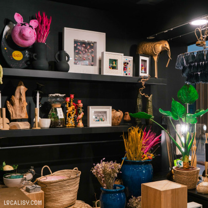 Des étagères noires avec divers objets décoratifs, y compris des cadres photo, des sculptures, des vases, des plantes, et des paniers dans le magasin de fleurs Kabin 22 à Liège.