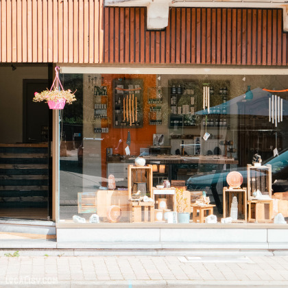 Devanture du magasin de minéraux Alma Nature à Hamoir. La vitrine est composée de plusieurs étagères en bois contenant divers minéraux et objets décoratifs. À l'intérieur du magasin, on peut voir des étagères avec des produits exposés, des bougies suspendues, et d'autres articles. Une plante suspendue dans un pot rose est visible à gauche de l'entrée. Le magasin a une façade en bois avec des lattes verticales.