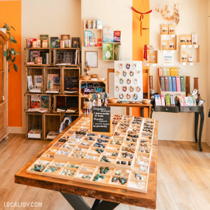 L'intérieur du magasin de minéraux Alma Nature à Hamoir. On y voit une table centrale avec de nombreux compartiments contenant divers minéraux et pierres précieuses. À l'arrière-plan, il y a des étagères en bois remplies de livres, de boîtes et d'autres articles. Une petite ardoise sur la table indique : Étiquettes oranges = pierres roulées et brutes. Étiquettes blanches = colliers et pierres montées en pendentif.