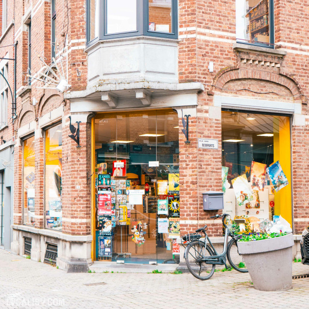 Devanture de la librairie L’Oiseau Lire à Visé. La librairie est située dans un bâtiment en briques rouges avec de grandes fenêtres vitrées qui permettent de voir l'intérieur du magasin. À l'intérieur, on peut voir des affiches colorées et des livres exposés. Devant la librairie, il y a un vélo stationné et un grand pot de fleurs.