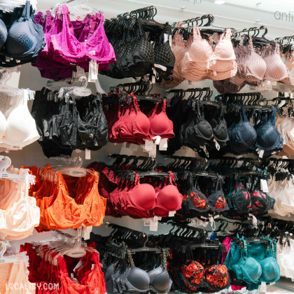 Photo de l'intérieur du commerce de lingerie Feminella à Herve. Un grand choix de soutiens gorges de toutes les couleurs est exposé en rayon.