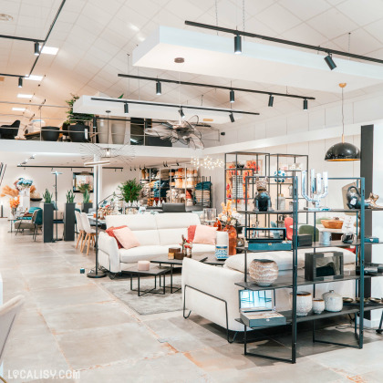 L'intérieur du magasin de luminaires Espace Design à Sprimont. On y voit un espace bien éclairé et moderne avec des meubles, des luminaires suspendus, des étagères remplies de divers objets décoratifs, et des textiles comme des coussins et des couvertures. Le magasin est organisé de manière à mettre en valeur les produits, avec des canapés, des tables basses, et des plantes disposées de manière esthétique.