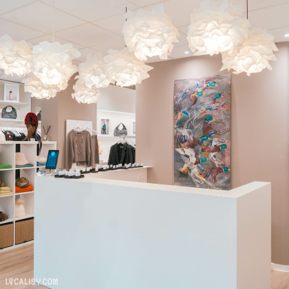 L'intérieur du magasin de vêtements Habit&Vous à Tiff, avec un comptoir blanc au premier plan, surmonté de plusieurs lampes suspendues blanches en forme de nuages. Derrière le comptoir, il y a des étagères avec des vêtements et des accessoires, ainsi qu'un grand tableau coloré représentant des oiseaux.