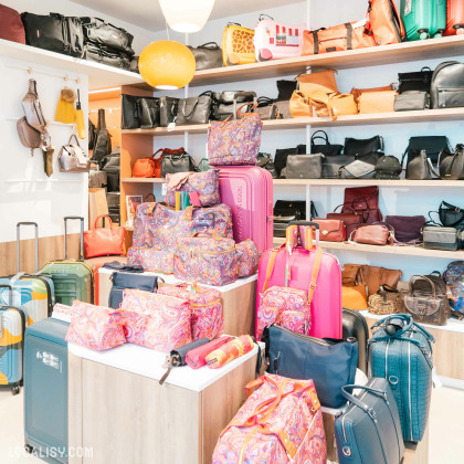 L'intérieur du magasin de maroquinerie La Bagagerie à Malmedy, avec une grande variété de sacs et de valises exposés sur des étagères et des présentoirs. Les sacs sont de différentes tailles, couleurs et motifs, y compris des valises roses, des sacs à motifs colorés, et des sacs en cuir noir et marron.