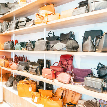 Des étagères remplies de sacs à main de différentes couleurs et styles dans le magasin de maroquinerie La Bagagerie à Malmedy. Les sacs sont organisés par couleur et type, avec des teintes allant du noir et marron au rouge et orange. L'arrangement soigné et la variété des sacs rendent l'image intéressante pour ceux qui s'intéressent à la mode et aux accessoires.