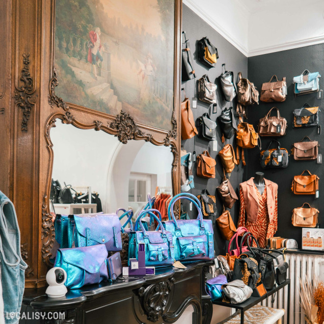 L'intérieur du magasin de vêtements pour femmes Esprit Vert à Heusy, avec une grande variété de sacs à main exposés sur un mur et sur une table. Les sacs sont de différentes couleurs et styles, allant des tons métalliques brillants aux teintes plus neutres comme le marron et le noir. Il y a également un grand miroir orné d'un cadre en bois sculpté avec une peinture au-dessus.