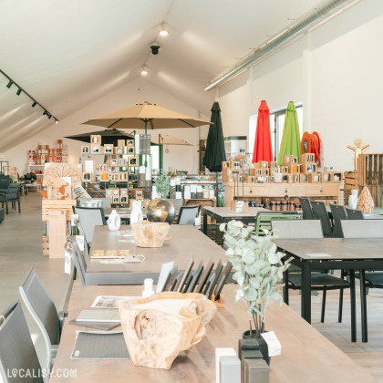 Salle d'exposition avec mobilier et accessoires d'extérieur au magasin Bonhomme Vert à Theux.