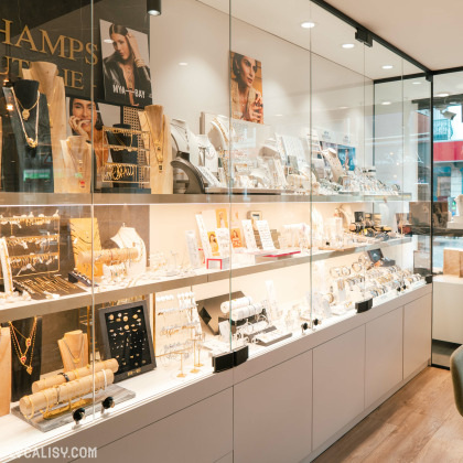 Vitrine de bijoux au magasin d'optique et bijouterie Dechamps à Flémalle.