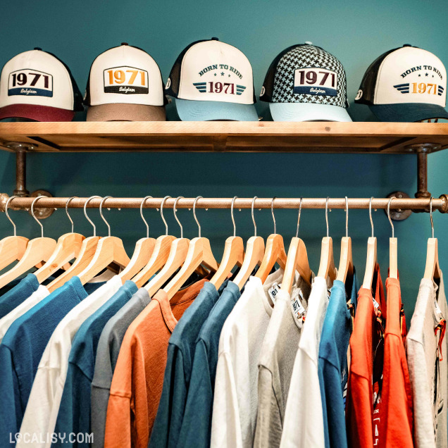 Zoom sur un présentoir avec des casquettes estampillées "1971" et des vêtements colorés suspendus sur une barre métallique, reflétant un style vintage et décontracté.