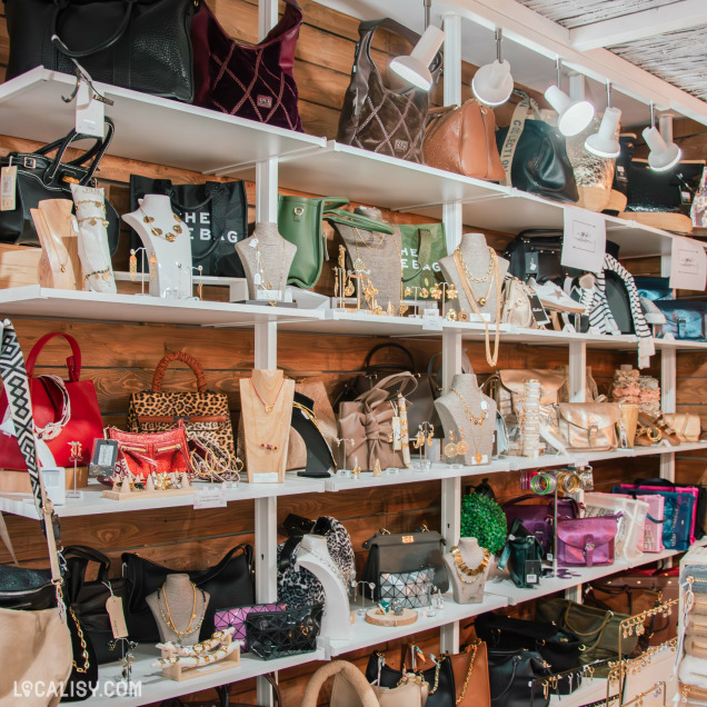 Rayons bien garnis de sacs à main et de bijoux exposés dans la boutique. Les étagères blanches contrastent avec le fond en bois, et des colliers et boucles d'oreilles dorés sont élégamment disposés sur des bustes d'exposition.