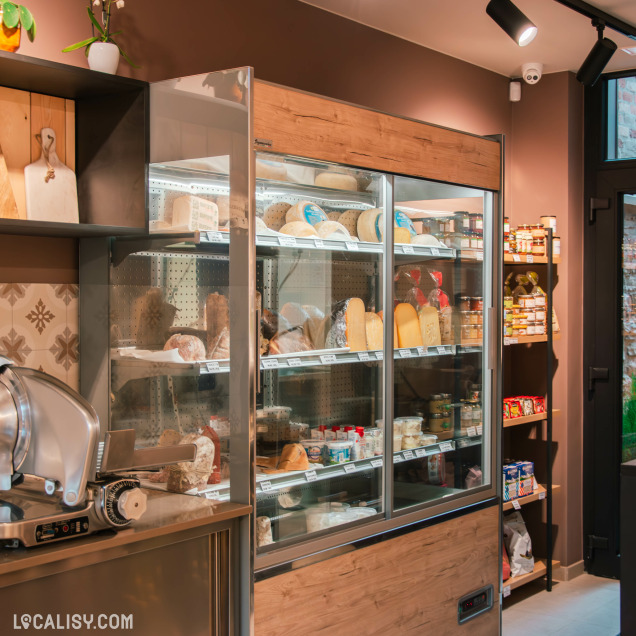 Vitrine réfrigérée de fromages artisanaux à la fromagerie La Cave d'Axelle à Theux.