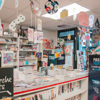 Intérieur de la librairie Nipponzilla à Huy, avec une large sélection de mangas et d'ouvrages spécialisés.