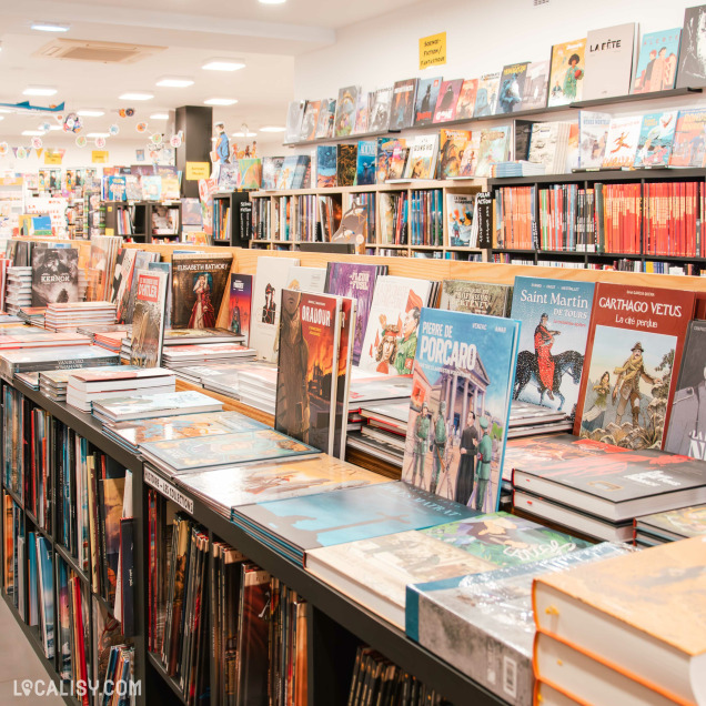 Vue de l’intérieur d’une librairie BD avec de longues tables remplies de bandes dessinées et des étagères bien garnies. Les ouvrages sont disposés pour faciliter la découverte par les clients.